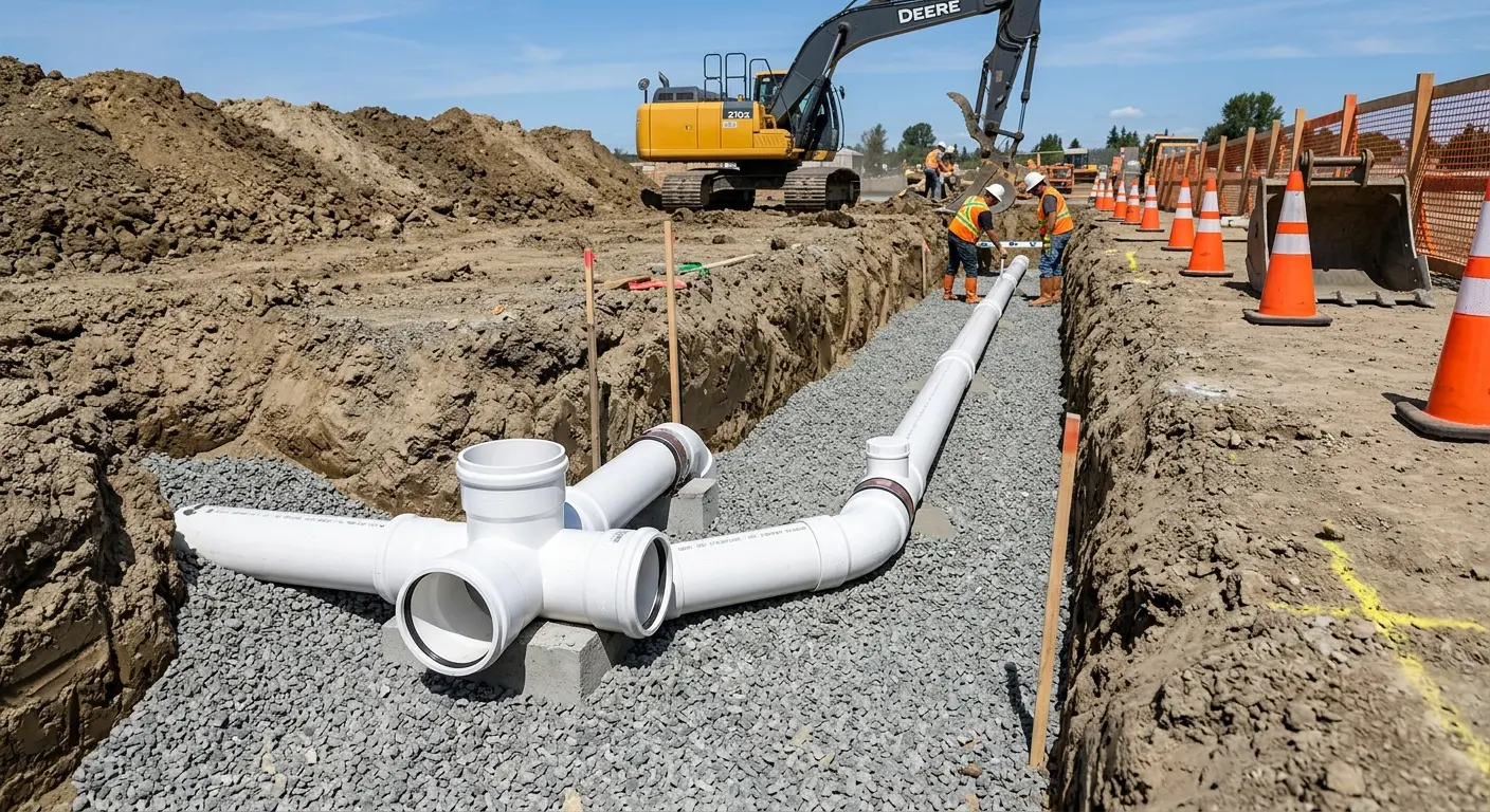 New PVC sewer pipe installation in open trench for Sewer Backup in Dalhart