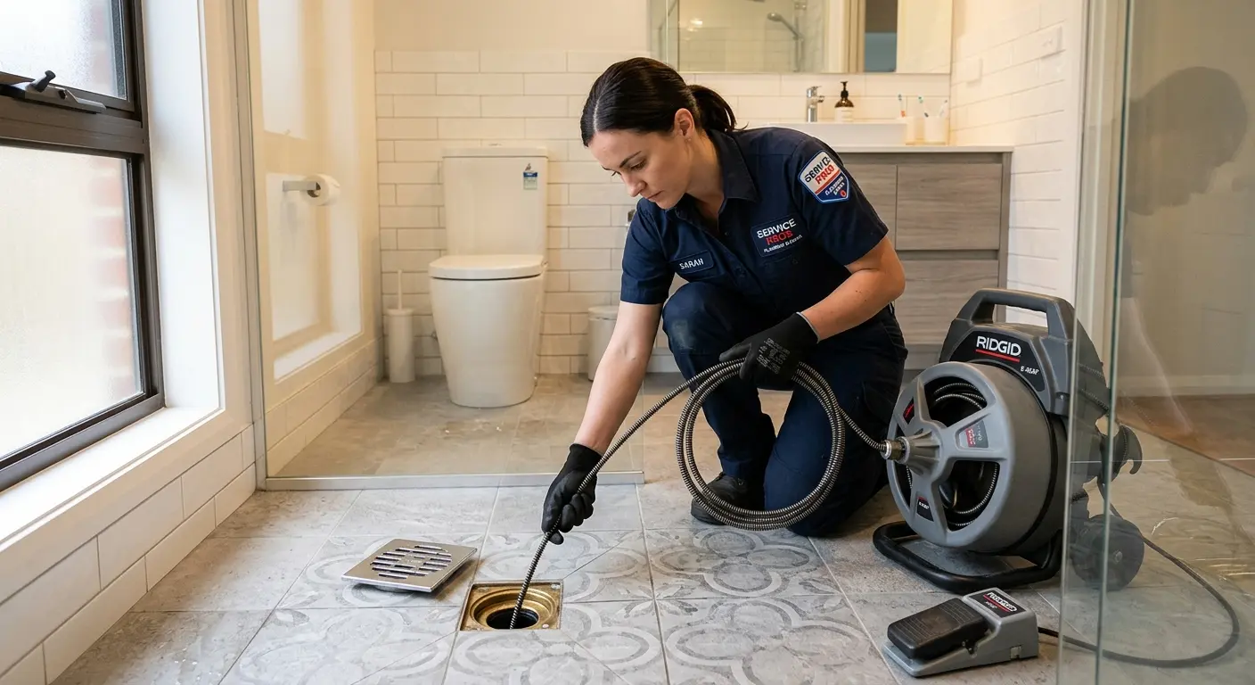 Technician clearing a bathroom floor drain for Clogged Drain Repair in Dalhart